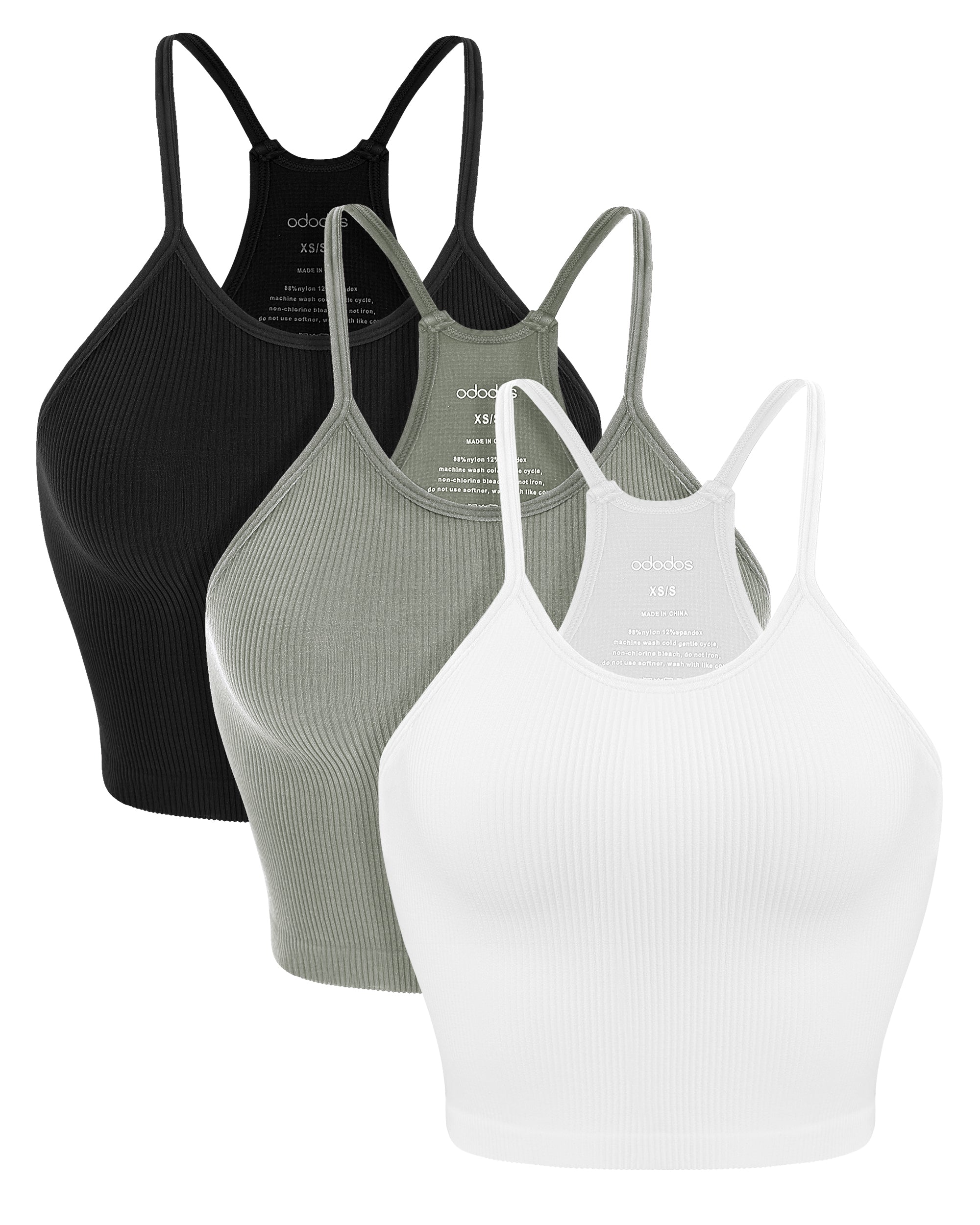 3-Pack Seamless Ribbed Crop Camisole White+Gray+Black - ododos