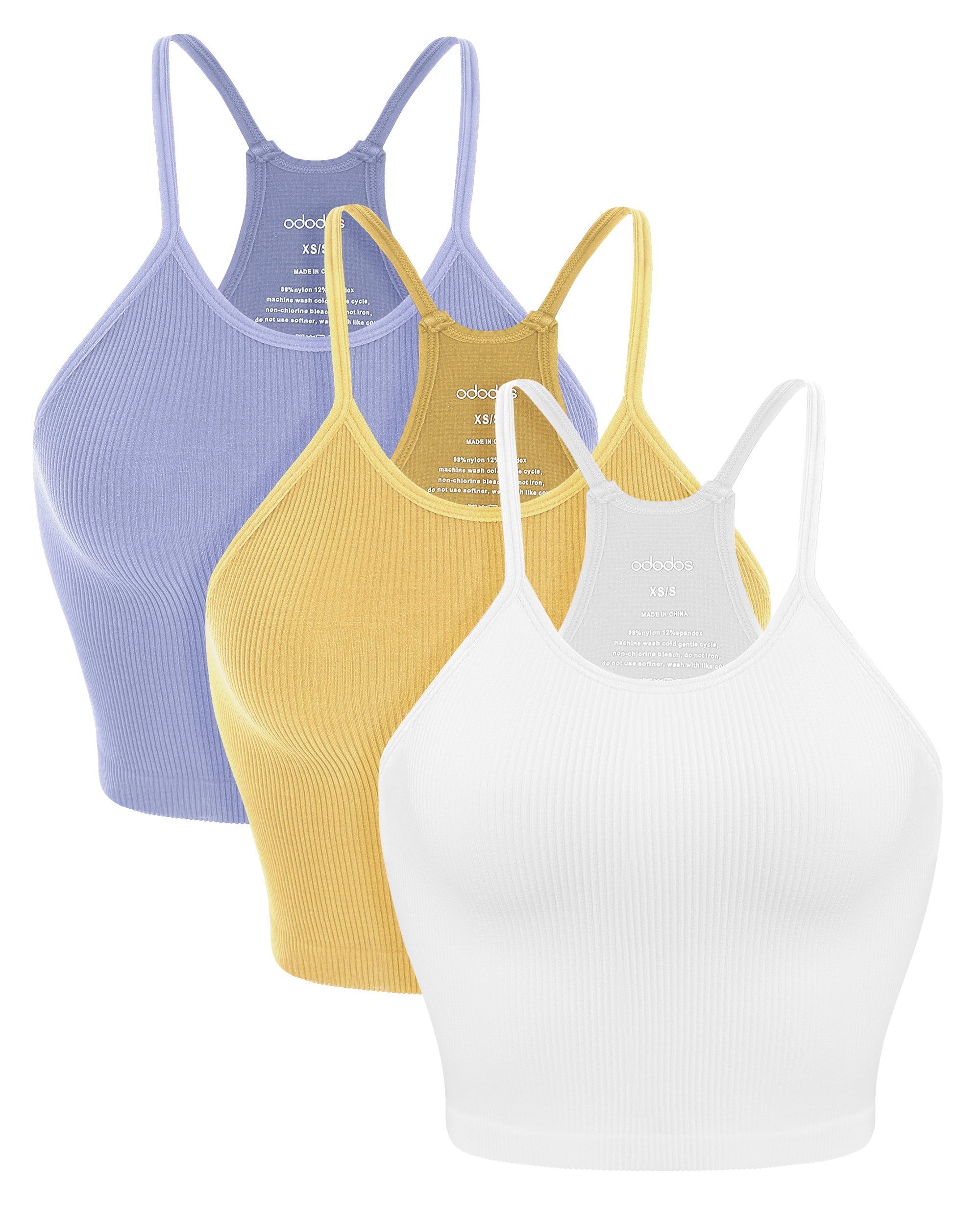 3-Pack Seamless Ribbed Crop Camisole White+Purple+Yellow - ododos