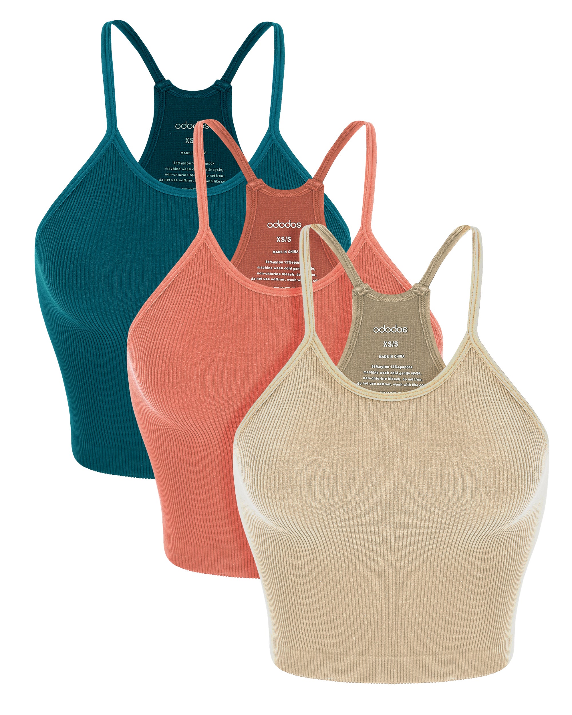 3-Pack Long Seamless Camisole Beige+Coral+Teal - ododos