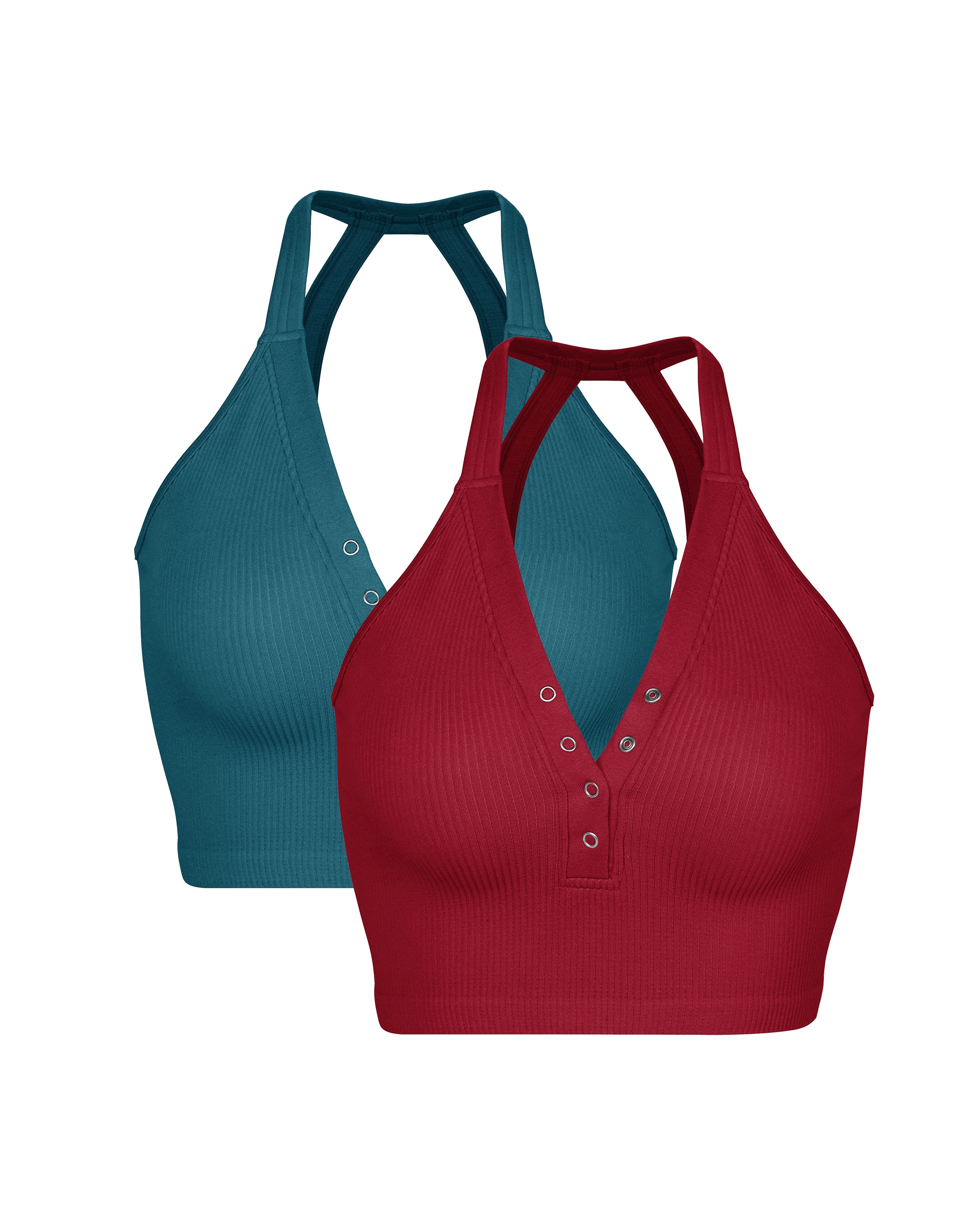 2-Pack Seamless Henley Crop Tops Teal+Red - ododos