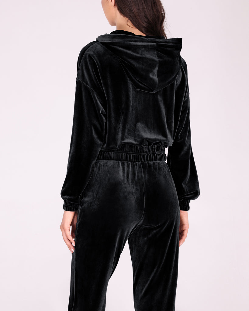  Velour Tracksuit 2 Piece Outfits Long Sleeve Cropped Zip Hooded Sweatshirt & Track Pants Set - ododos