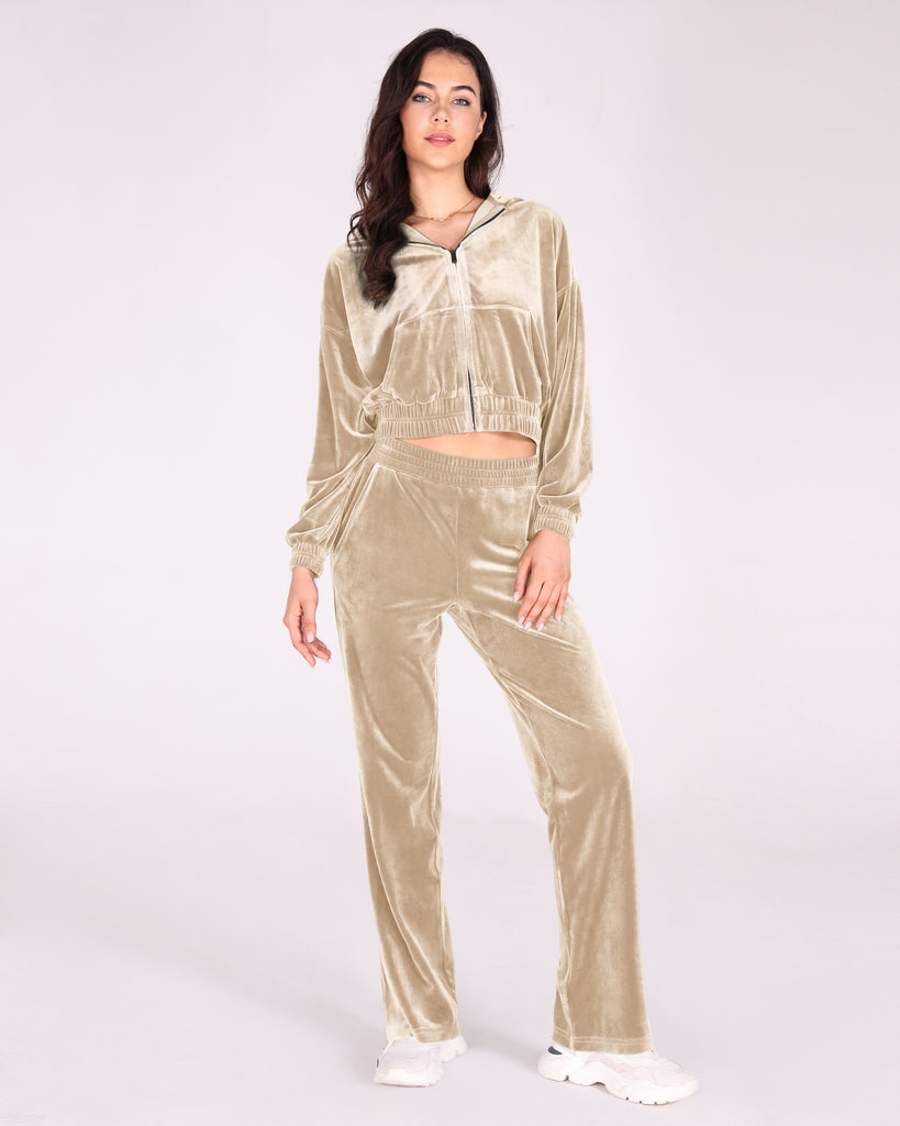  Velour Tracksuit 2 Piece Outfits Long Sleeve Cropped Zip Hooded Sweatshirt & Track Pants Set - ododos
