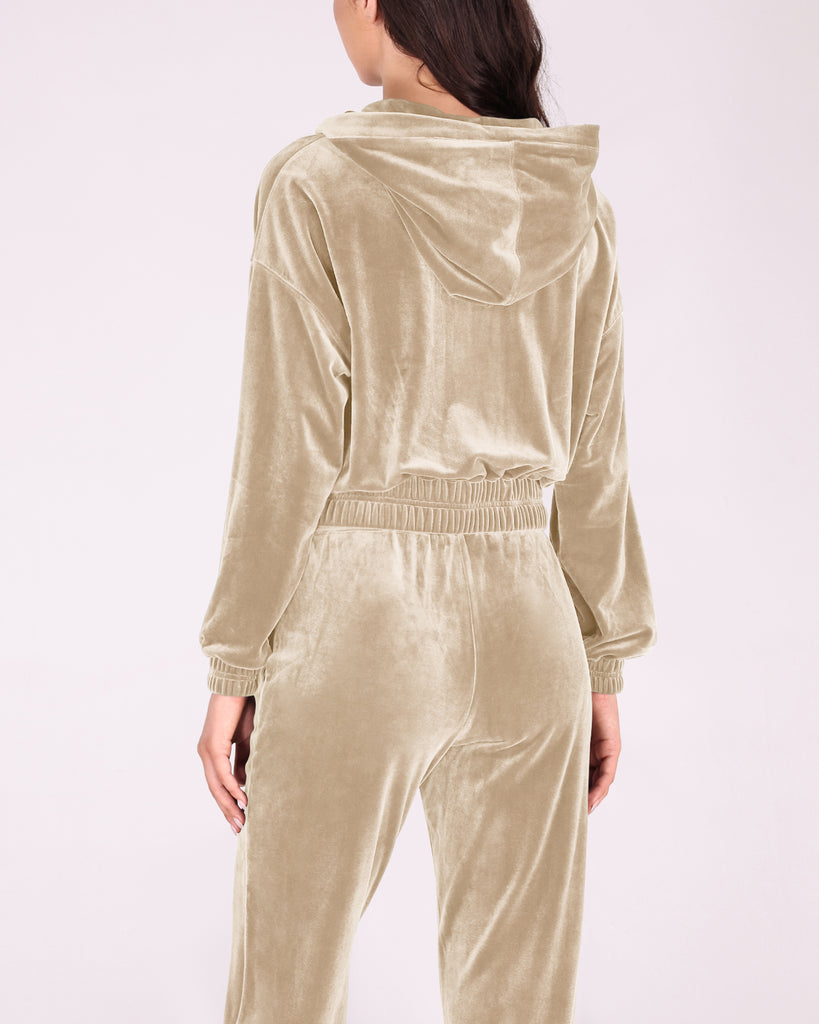  Velour Tracksuit 2 Piece Outfits Long Sleeve Cropped Zip Hooded Sweatshirt & Track Pants Set - ododos