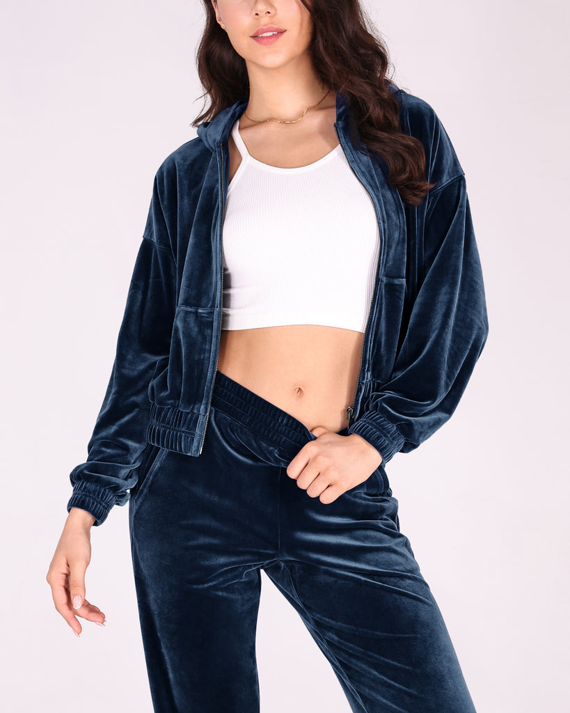  Velour Tracksuit 2 Piece Outfits Long Sleeve Cropped Zip Hooded Sweatshirt & Track Pants Set - ododos