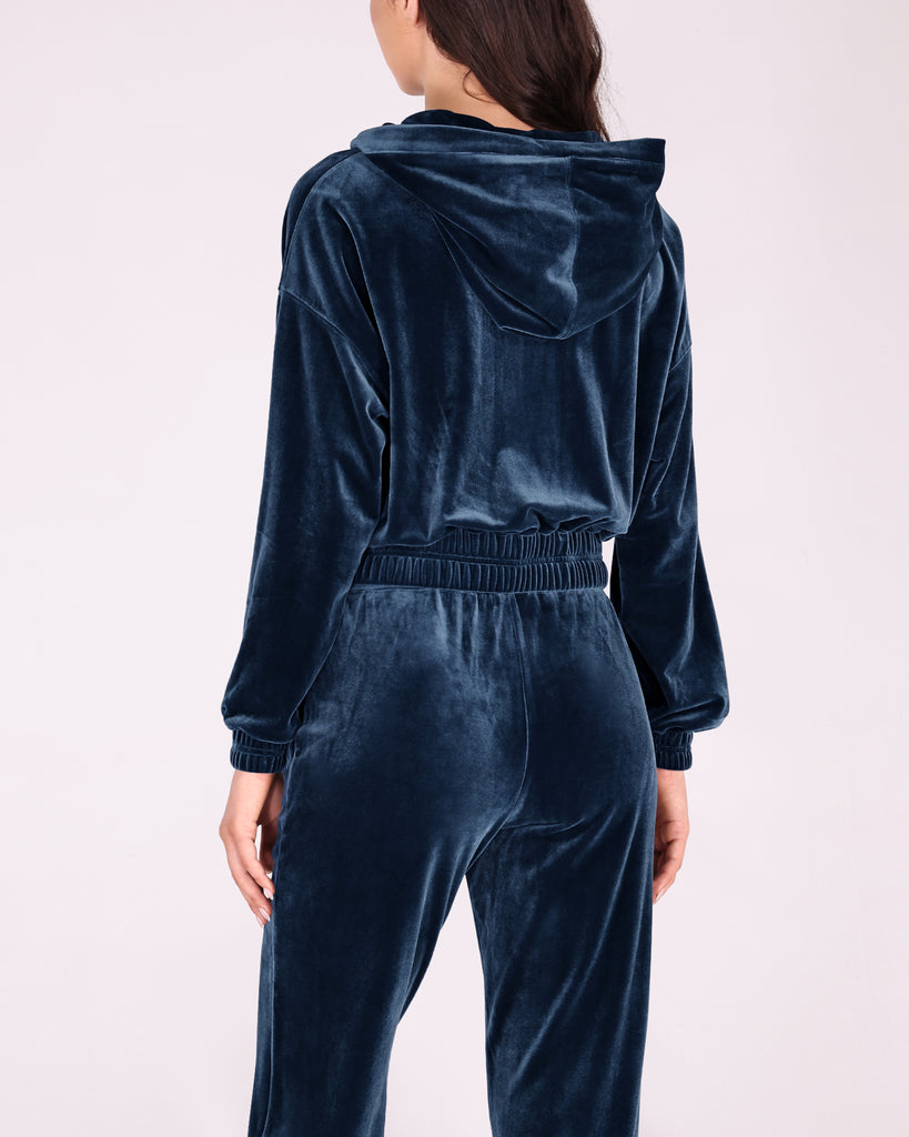  Velour Tracksuit 2 Piece Outfits Long Sleeve Cropped Zip Hooded Sweatshirt & Track Pants Set - ododos