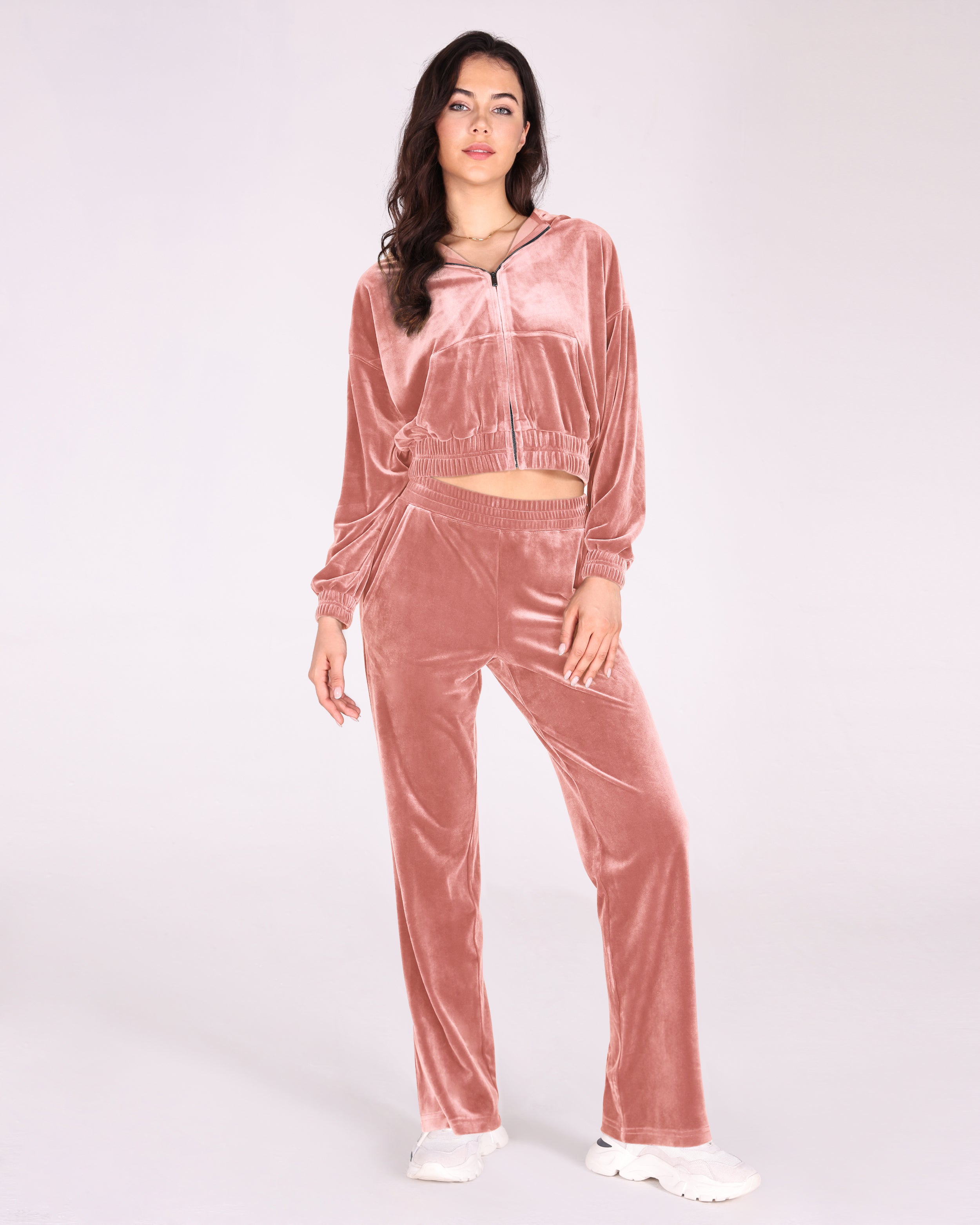 Velour Tracksuit 2 Piece Outfits Long Sleeve Cropped Zip Hooded Sweatshirt & Track Pants Set Pink - ododos