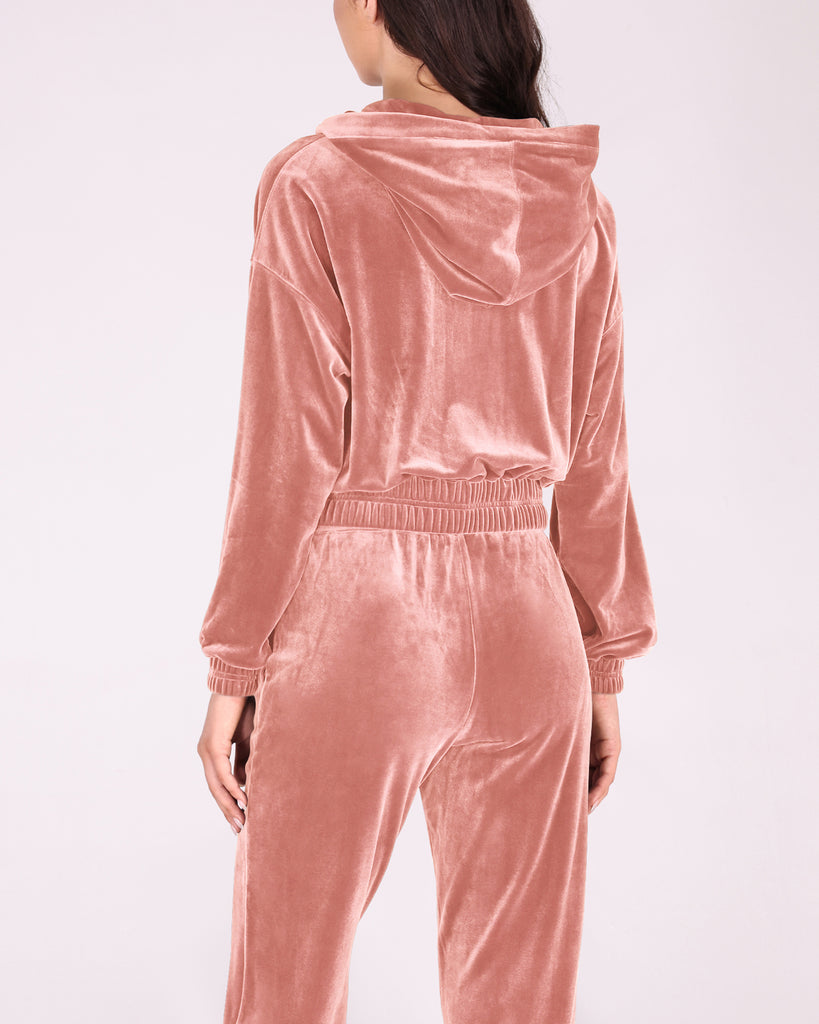  Velour Tracksuit 2 Piece Outfits Long Sleeve Cropped Zip Hooded Sweatshirt & Track Pants Set - ododos