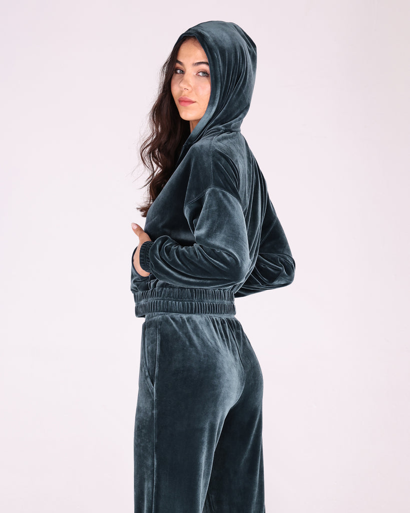  Velour Tracksuit 2 Piece Outfits Long Sleeve Cropped Zip Hooded Sweatshirt & Track Pants Set - ododos