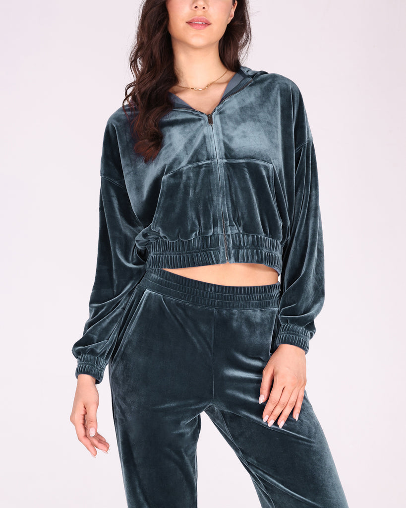 Velour Tracksuit 2 Piece Outfits Long Sleeve Cropped Zip Hooded Sweatshirt & Track Pants Set - ododos