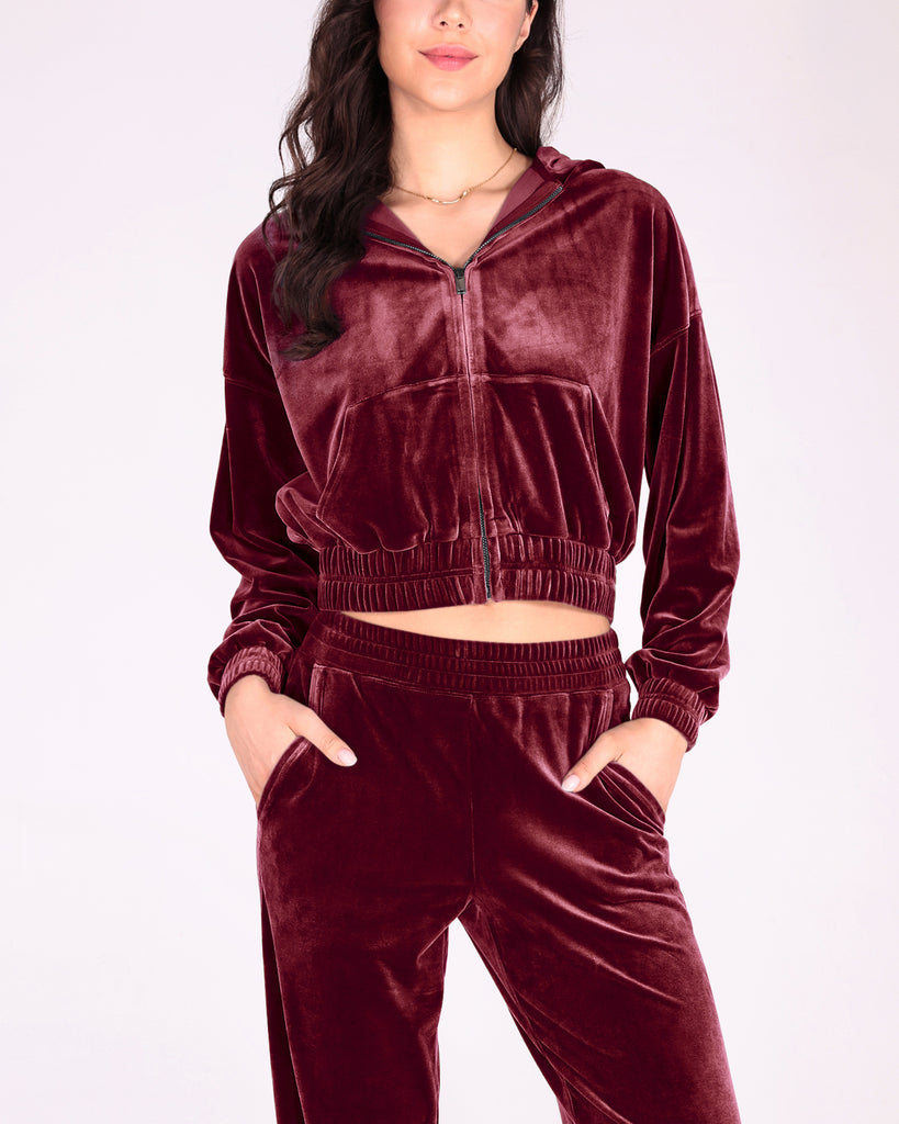  Velour Tracksuit 2 Piece Outfits Long Sleeve Cropped Zip Hooded Sweatshirt & Track Pants Set - ododos