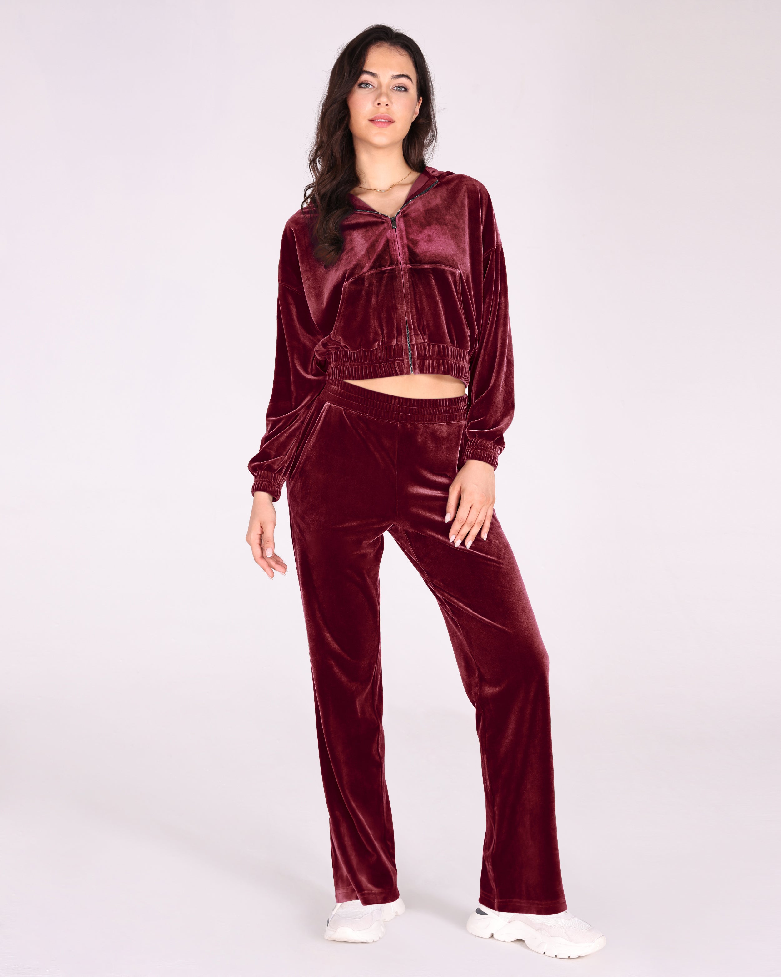 Velour Tracksuit 2 Piece Outfits Long Sleeve Cropped Zip Hooded Sweatshirt & Track Pants Set Wine - ododos