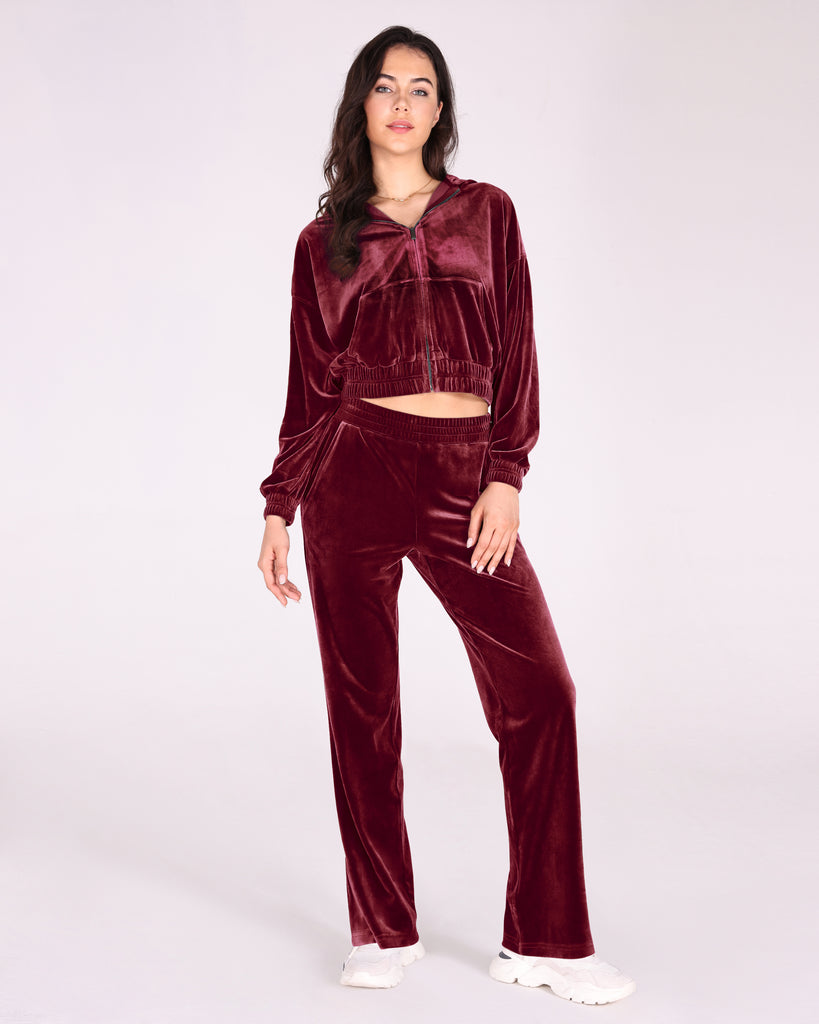  Velour Tracksuit 2 Piece Outfits Long Sleeve Cropped Zip Hooded Sweatshirt & Track Pants Set - ododos