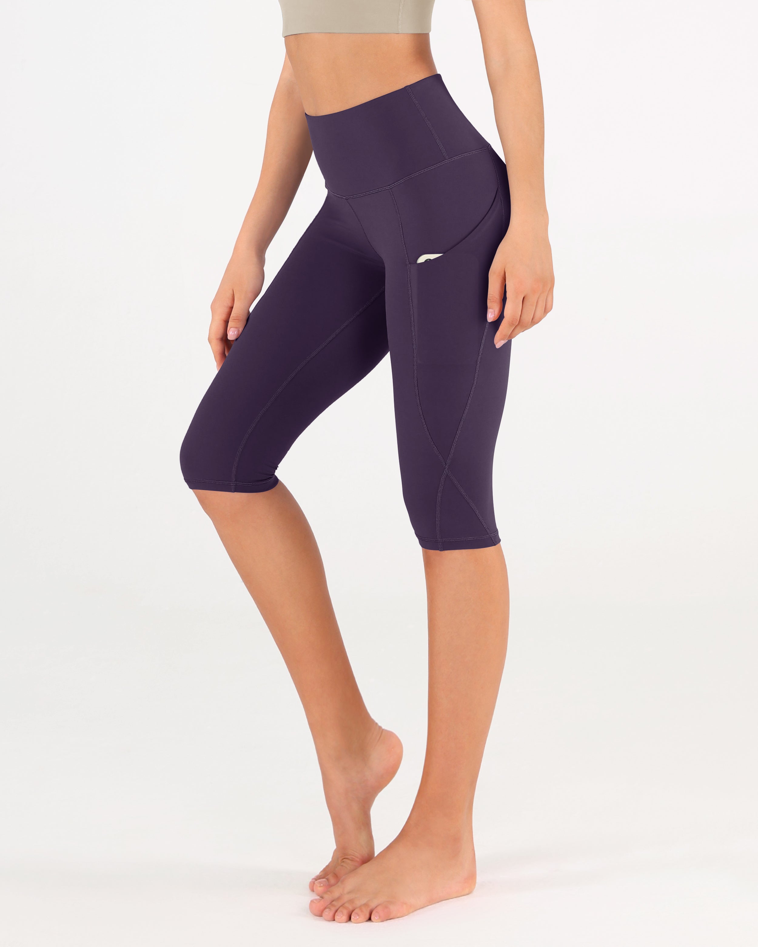 High Waist Knee Length Cropped Leggings Deep Purple - ododos