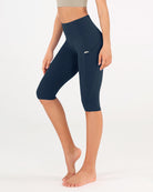 High Waist Knee Length Cropped Leggings Navy - ododos