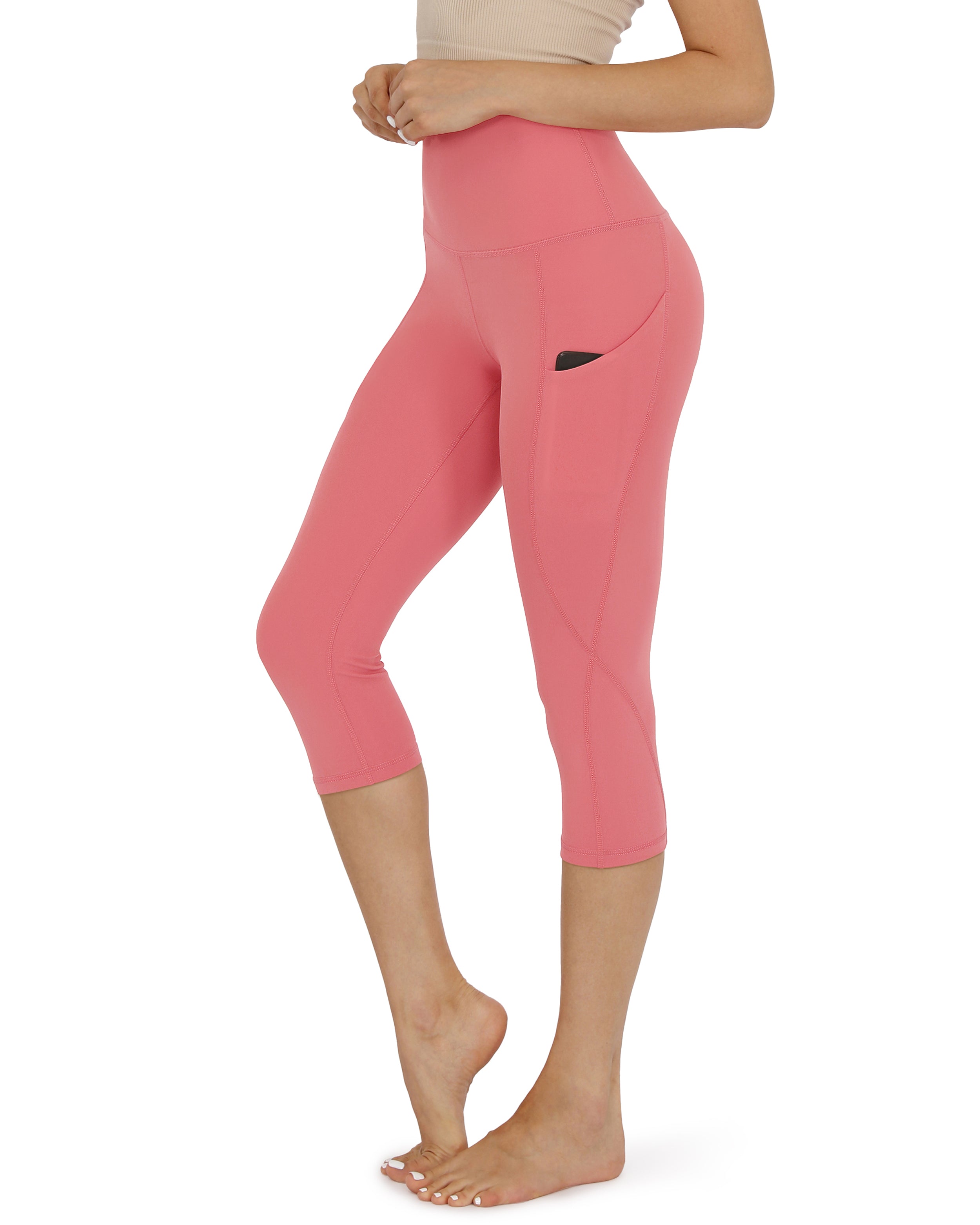 19" High Waist Yoga Capris with Pockets Pink - ododos